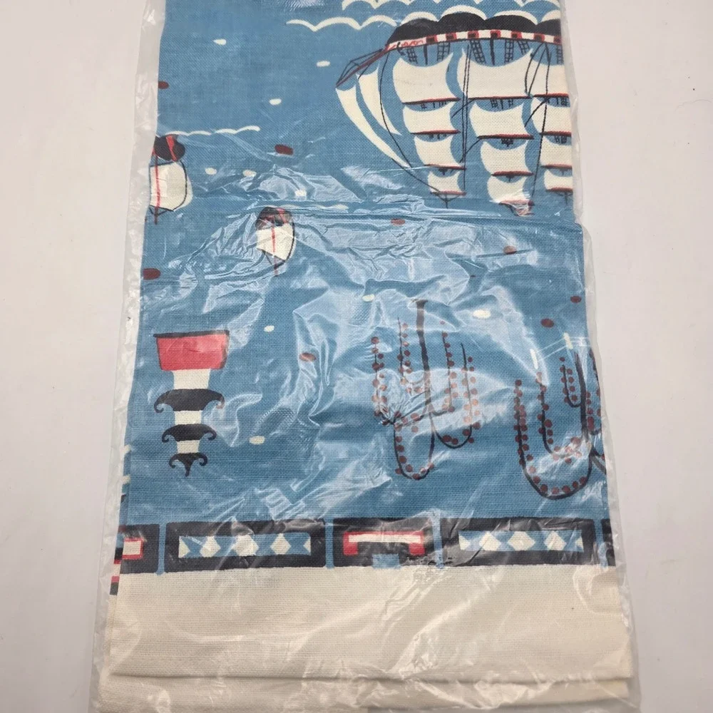 Kitchen Towel Vintage Nautical Sailing Ship Blue Mid Century Coastal Decor